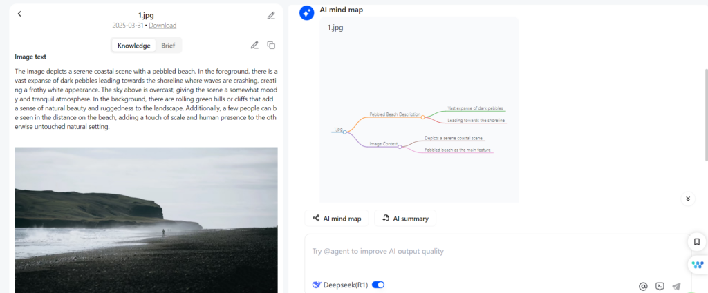 Sube tu imagen a la herramienta. La IA la escanea y extrae texto y conexiones (p. ej., flechas o cuadros). Consejo: Para herramientas como iWeaver, añade una indicación (p. ej., "Convertir este gráfico en un mapa mental") para obtener mejores resultados.