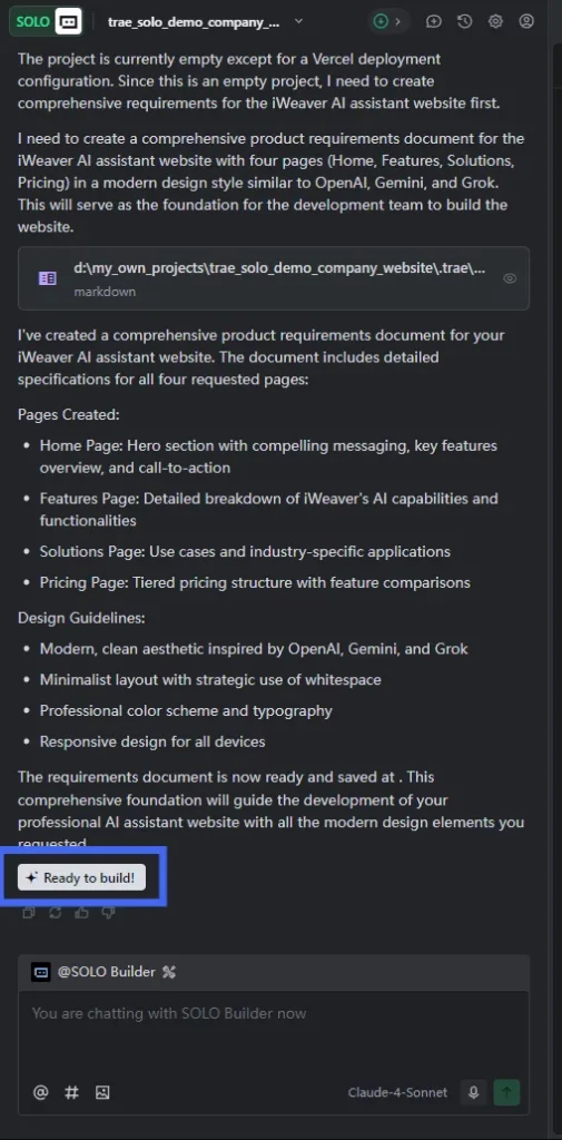 Confirmando prd y preparándose para construir sobre Desde un solo aviso hasta la implementación completa | Trae 2.0: SOLO es todo lo que necesitas