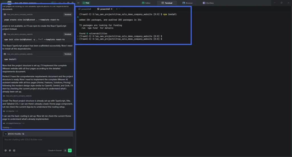 Configuración automática del entorno y las dependencias sobre Desde un único mensaje hasta la implementación completa | Trae 2.0: SOLO es todo lo que necesitas
