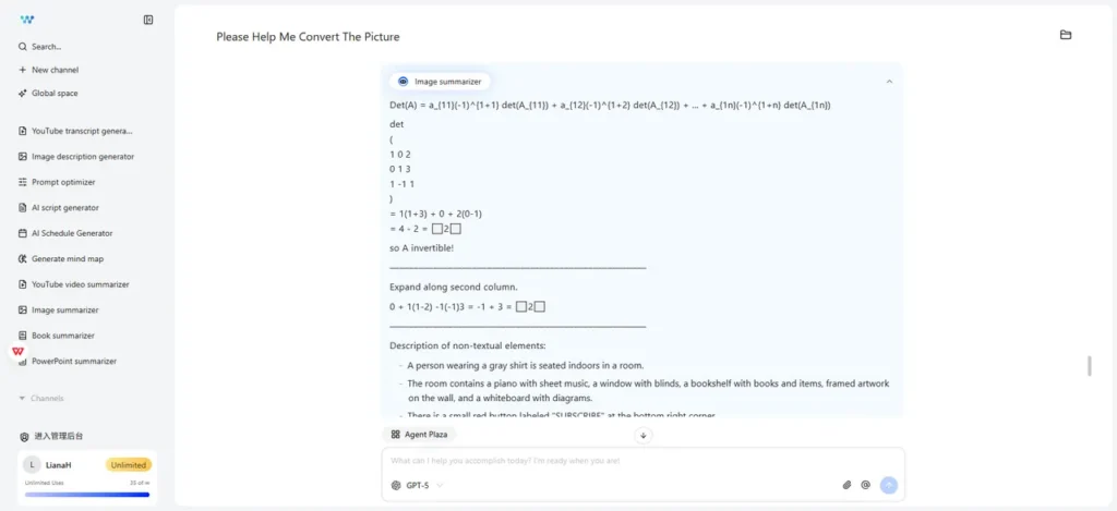 Herramienta de IA para resumir texto a partir de imágenes y convertir imágenes de pizarras matemáticas en notas.