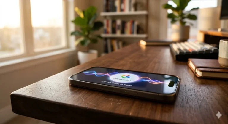 Un iPhone de gama alta que muestra la interfaz de la aplicación Google AI Edge Eloquent sobre un escritorio profesional.